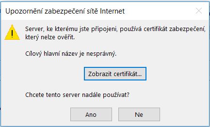 Server, ke kterému jste připojeni, používá certifikát zabezpečení, který nelze ověřit. Upozornění na nedůvěryhodný certifikát.